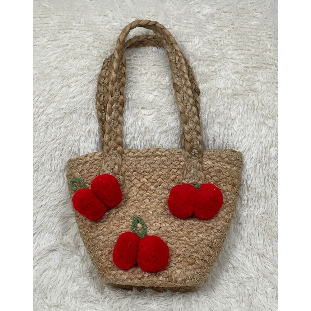 Anthropologie Jute Straw Woven Cherry Pom Pom Bag Small Purse Art to Wear Beachy